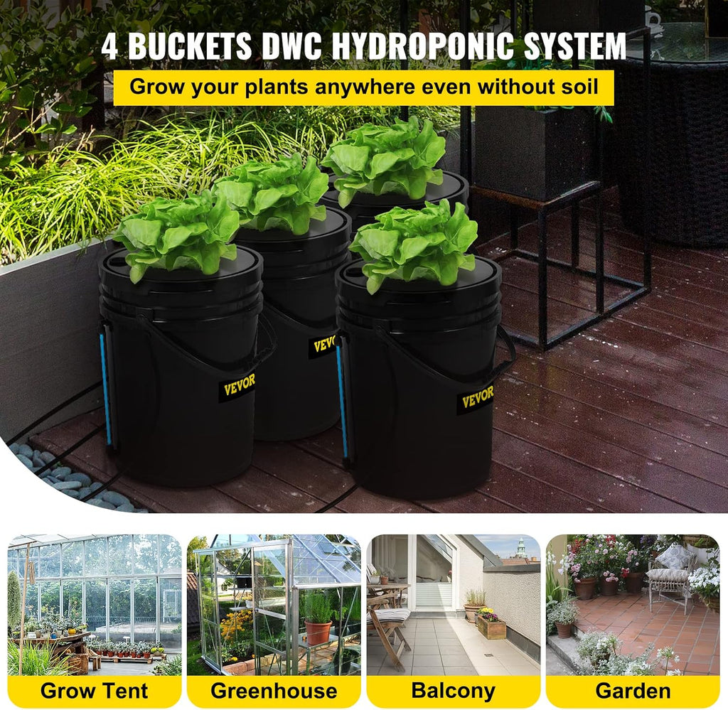 VEVOR DWC Hydroponic System, 5 Gallon 4 Buckets, Deep Water Culture Growing Bucket, Hydroponics Grow Kit with Pump, Air