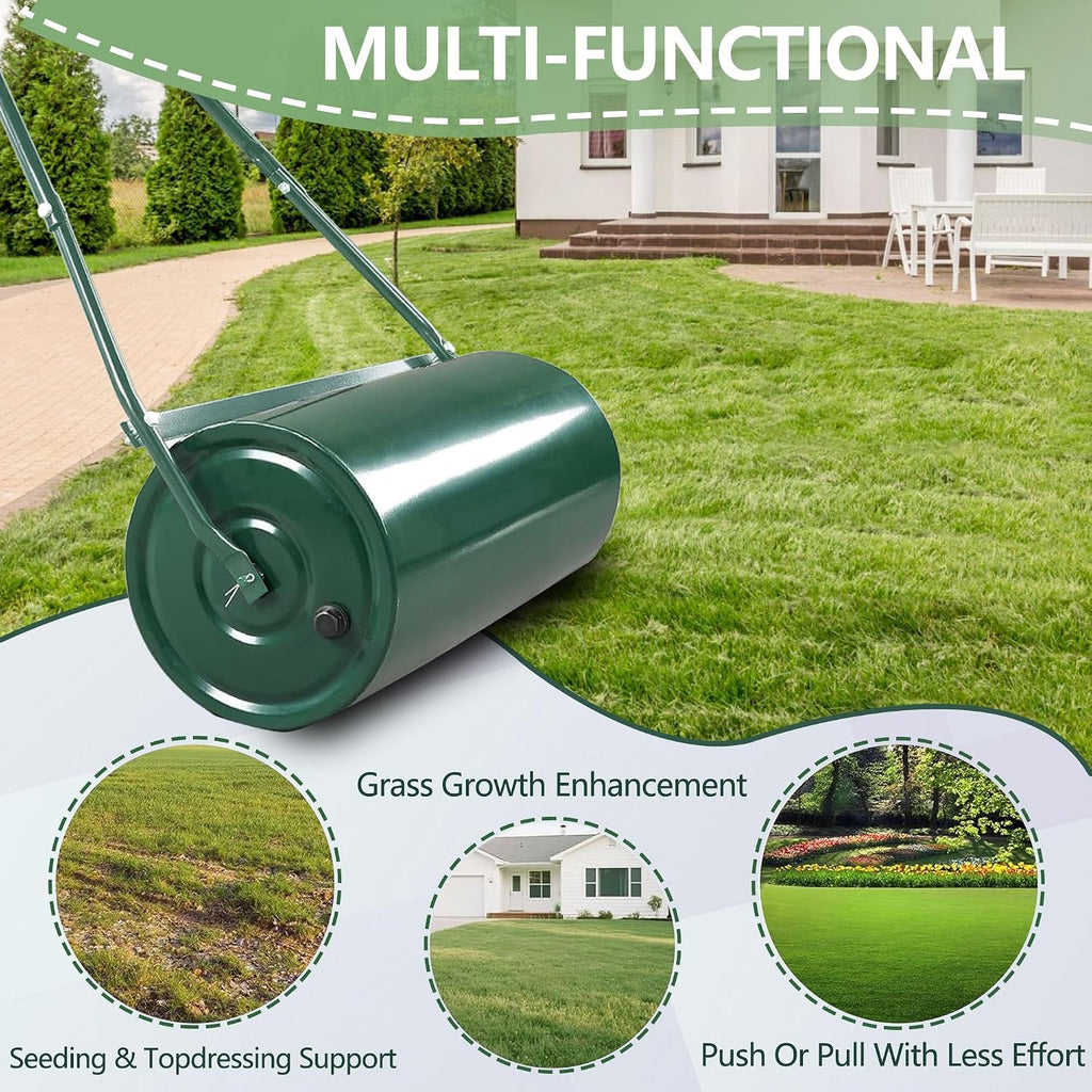 Tow-Behind Garden Lawn Roller, 9.5 Gallon, Heavy Duty Steel with u-Handle, Water/Sand Fillable – Perfect for Leveling
