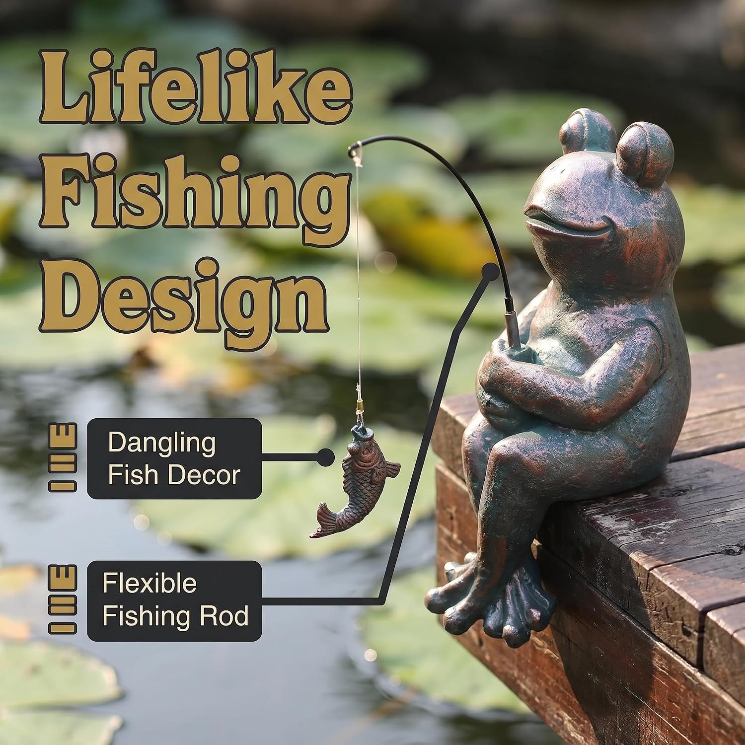 Frog Fishing Statue Garden Decor – 9.8" Weatherproof Resin Frog Fishing Sculpture Decor for Fish Ponds, Koi Ponds
