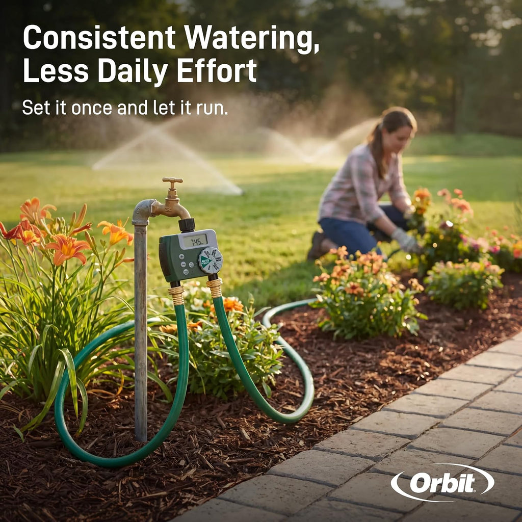 Orbit Programmable Digital Hose Watering Timer - 2 Outlet - Battery Powered - with LCD Screen - Built-in Rain Delay