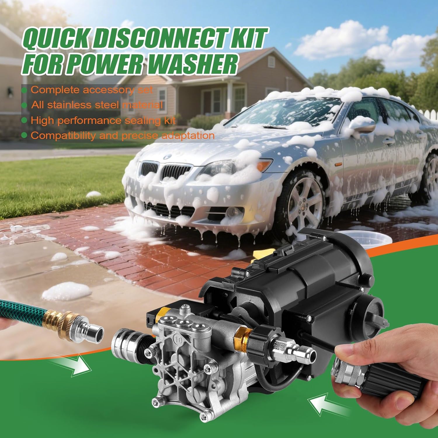 Pressure Washer Quick Connect Kit, Stainless Steel Pressure Washer Hose Adapter Set, M22 14mm Swivel to 3/8'' Male