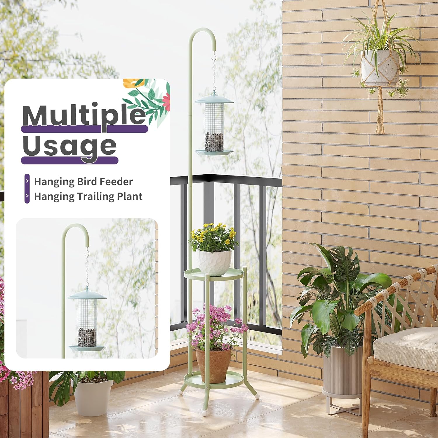 2-Tier Metal Plant Stand with Hanging Hook,Green | rustproof iron shelf for indoor/outdoor use. Holds planters, bird