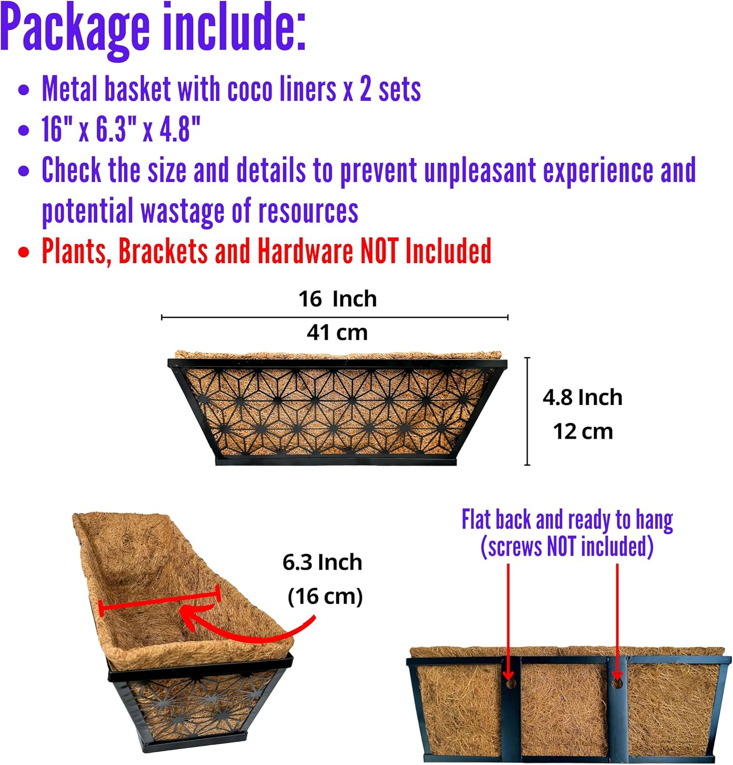 LaLaGreen Window Boxes Planter for Outdoor Plants (2 Pack, 16 Inch) Black Metal Basket Flower Pot Rectangular Wall