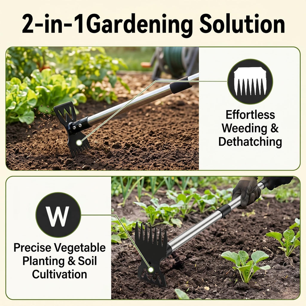 60" Weed Puller Tool with Long Handle, Heavy Duty 2-in-1 Stand Up Weeding Tool & Garden Hoe, Manual Weed Remover and
