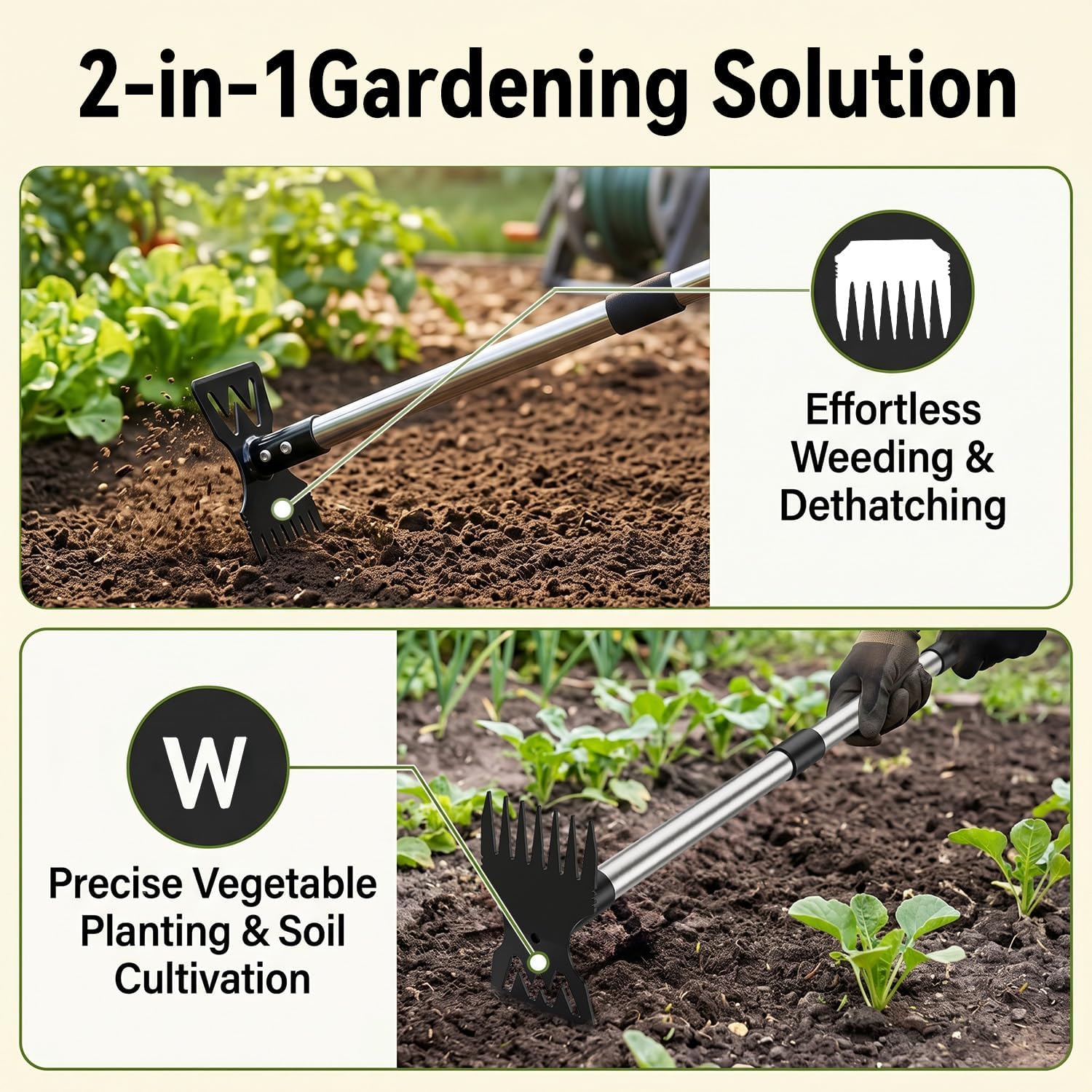 60" Weed Puller Tool with Long Handle, Heavy Duty 2-in-1 Stand Up Weeding Tool & Garden Hoe, Manual Weed Remover and