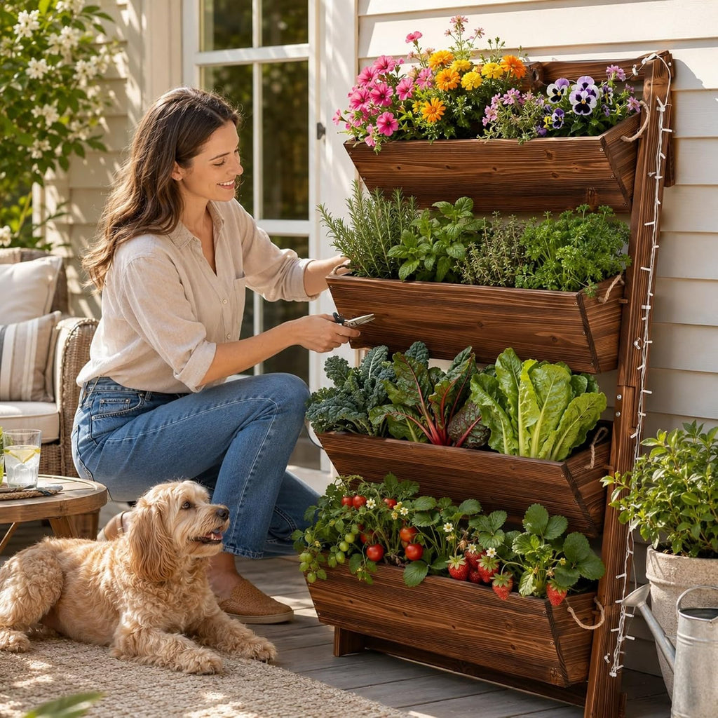 51" 4-Tier Vertical Garden Planter with LED Lights | Wooden Raised Garden Bed for Outdoor Herbs & Flowers, Wall-Leaning