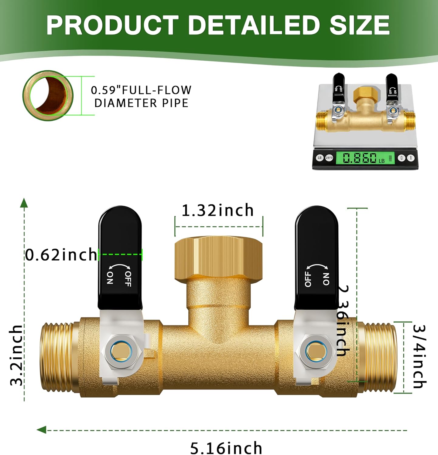 Hose Splitter 2 Way, Heavy Duty Brass Garden Hose Splitter, Water Hose Bib Spigot Splitter with 0.59" Full Flow Ball