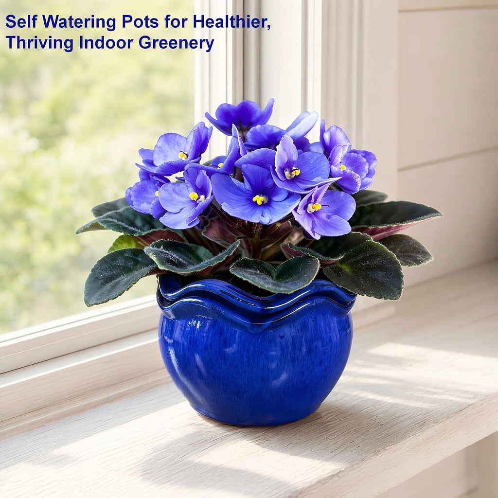 Ceramic Self-Watering African Violet Pots for Indoor Plants | 6.5 inch, Falling Blue, reactive glaze, self-watering