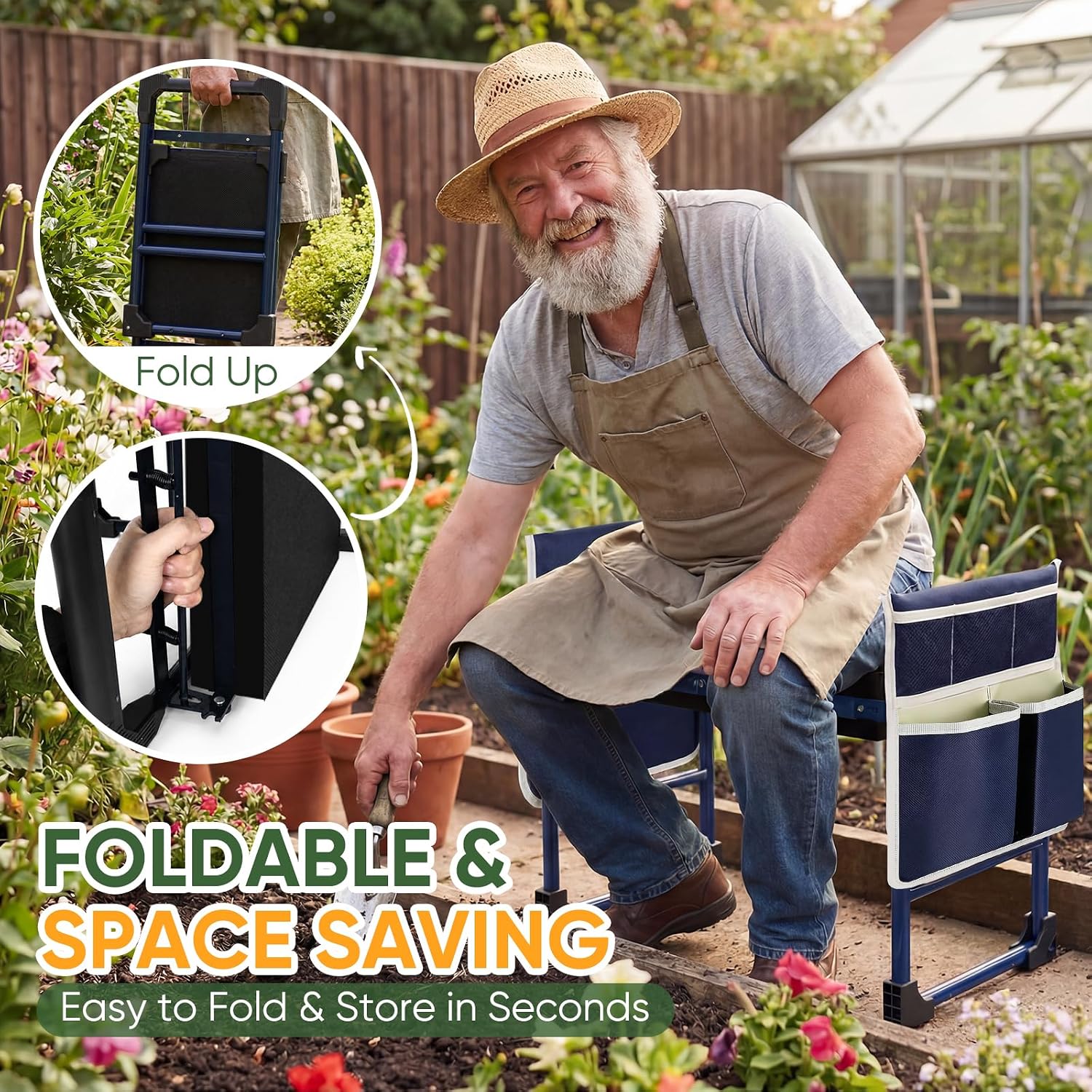 Garden Kneeler and Seat, Foldable Heavy Duty w/Soft Kneeling Pad | Anti-Tip Gardening Bench Stool with Wider Thickened