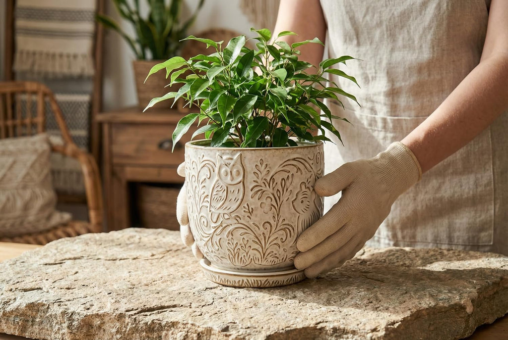 Decorative Ceramic Planter Pot with Saucer, Brown with Gold and Silver Owl Pattern, Indoor Garden Container with