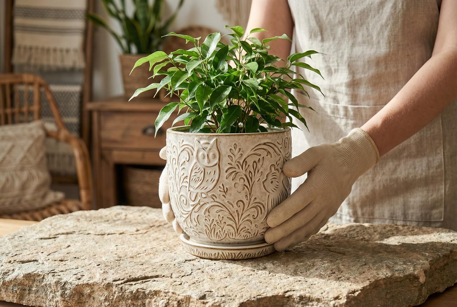 Decorative Ceramic Planter Pot with Saucer, Brown with Gold and Silver Owl Pattern, Indoor Garden Container with