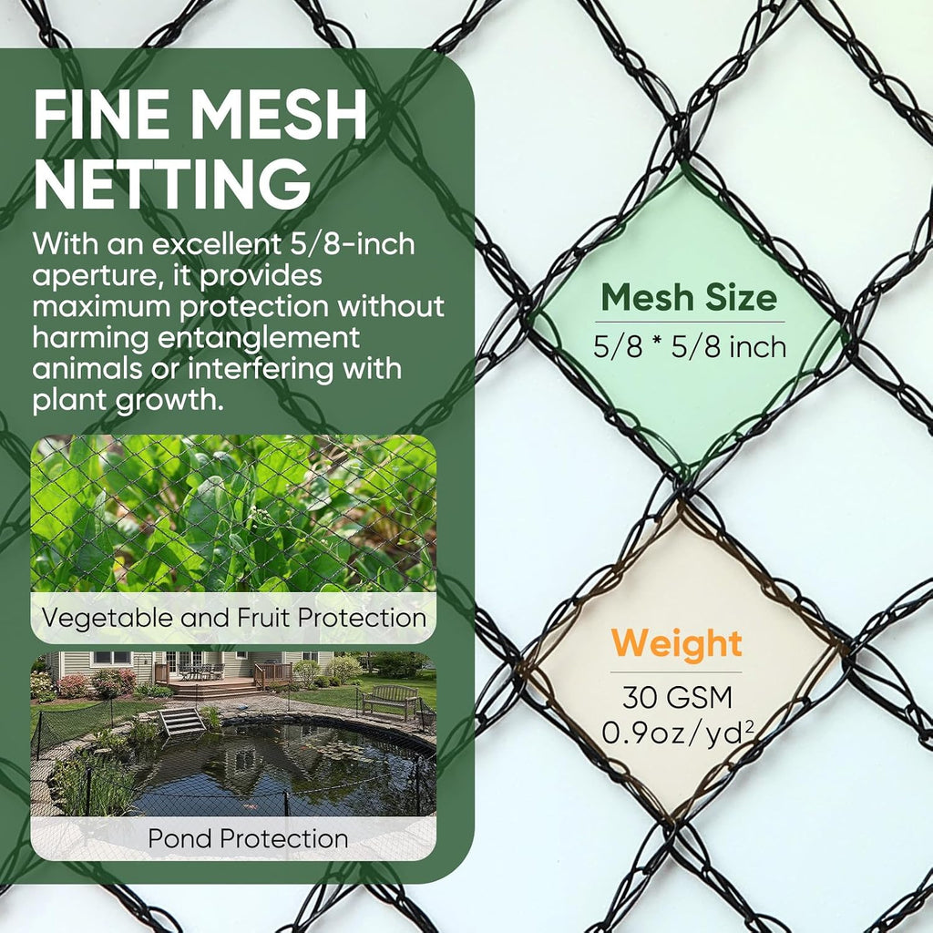 Bird Netting,13 X 40 FT,Garden Netting with 50pcs Ties 10pcs Stakes | Heavy Duty,5/8 inch Mesh,0.9 oz/yd² weight,UV
