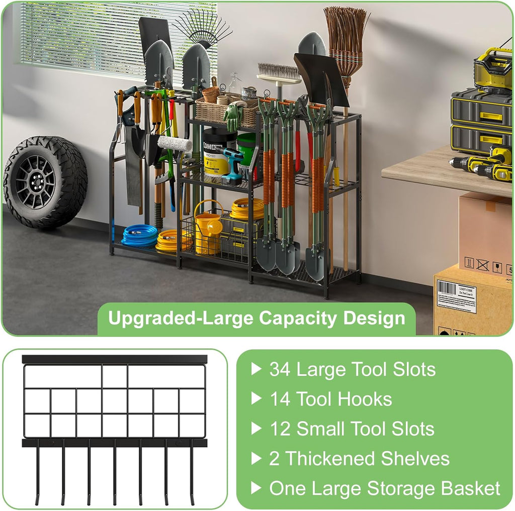 keomaisyto Garden Tool Organizer, Heavy Duty Yard Tool Tower Rack for Garage Organization and Storage, 3 Tier Utility