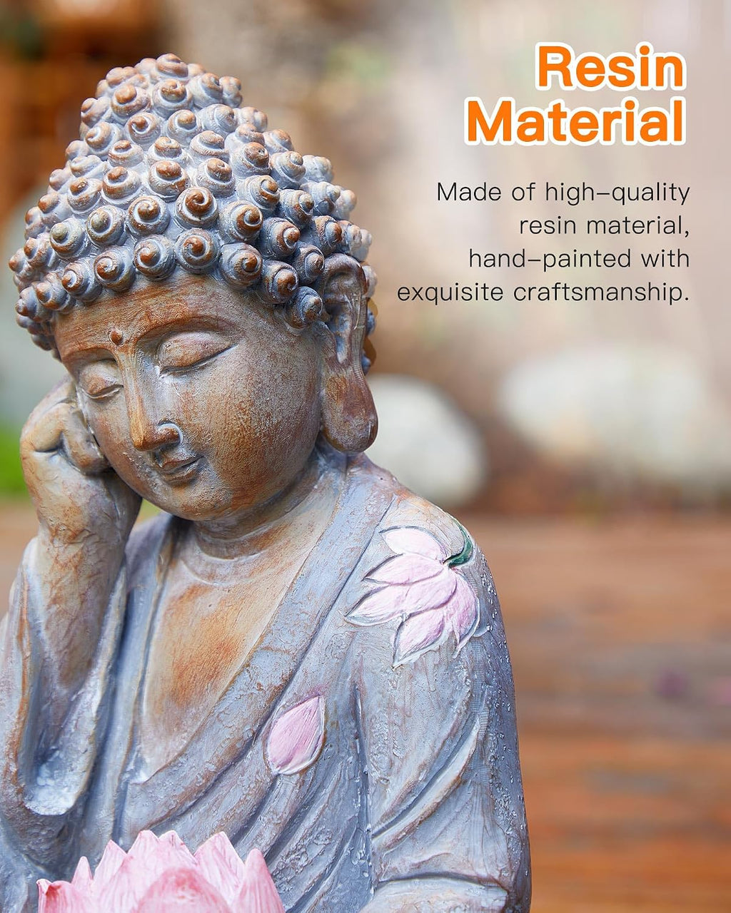 Buddha Statue Outdoor with Lotus Flower Light, IP65 Waterproof Solar Statue Lights, Outdoor Statues for Garden, Zen