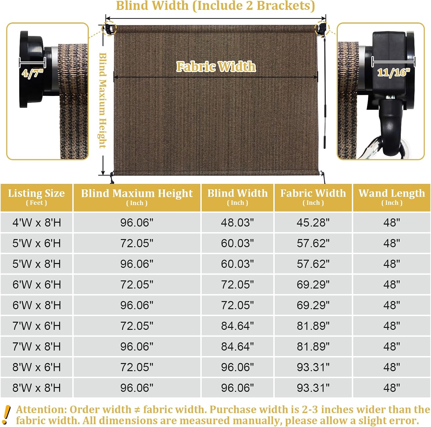 Shade&Beyond Outdoor Roller Shades with Splicing Design, 5' W x 8' H Cordless Patio Roll Up Blinds, Exterior Shade