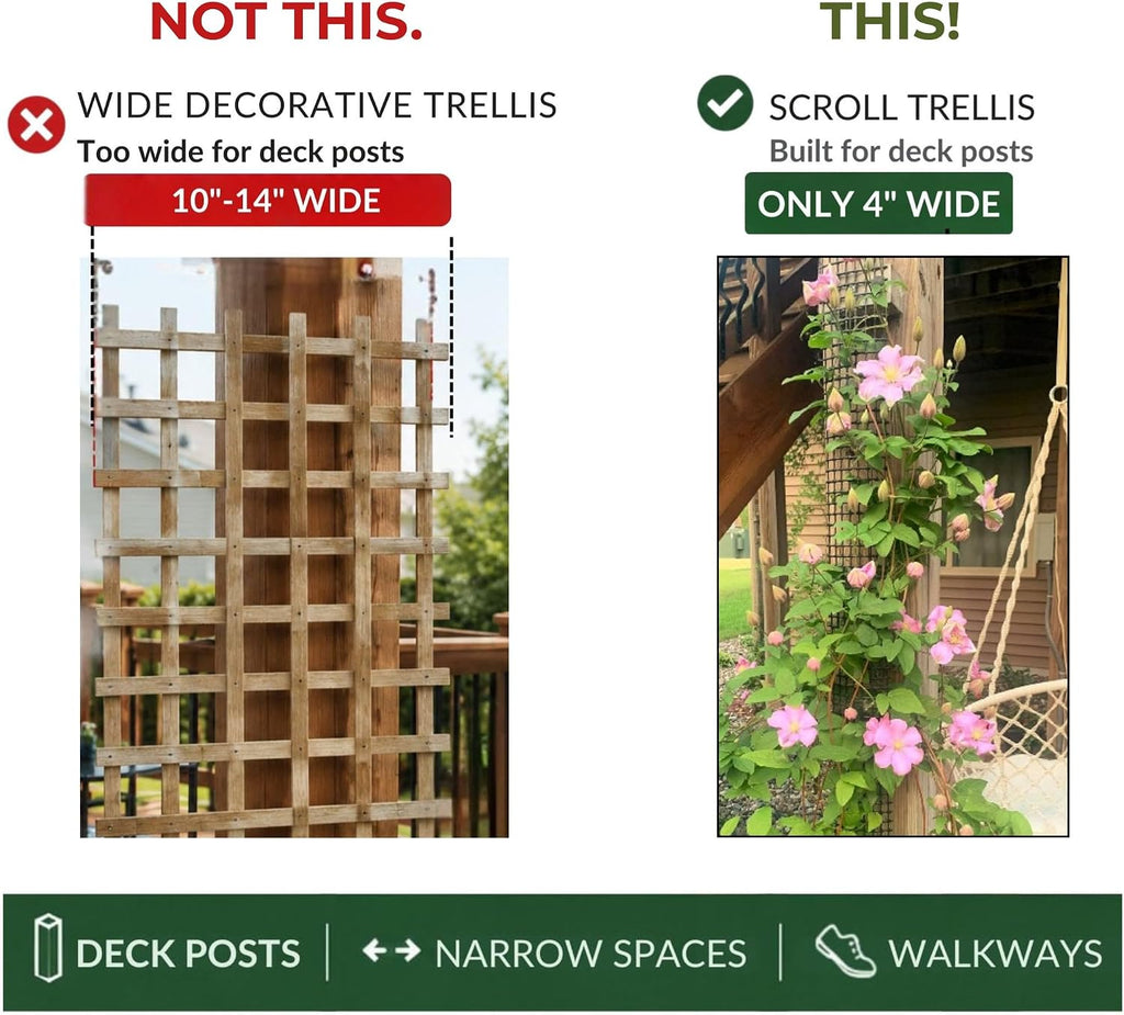 Deck Post Trellis for Clematis and Climbing Plants, 1-Pack | Slim 4-inch wide trellis wall-mounted grid supports 50 lbs