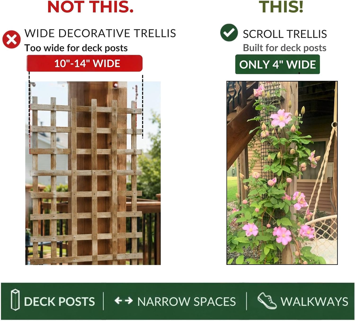 Deck Post Trellis for Clematis and Climbing Plants, 1-Pack | Slim 4-inch wide trellis wall-mounted grid supports 50 lbs