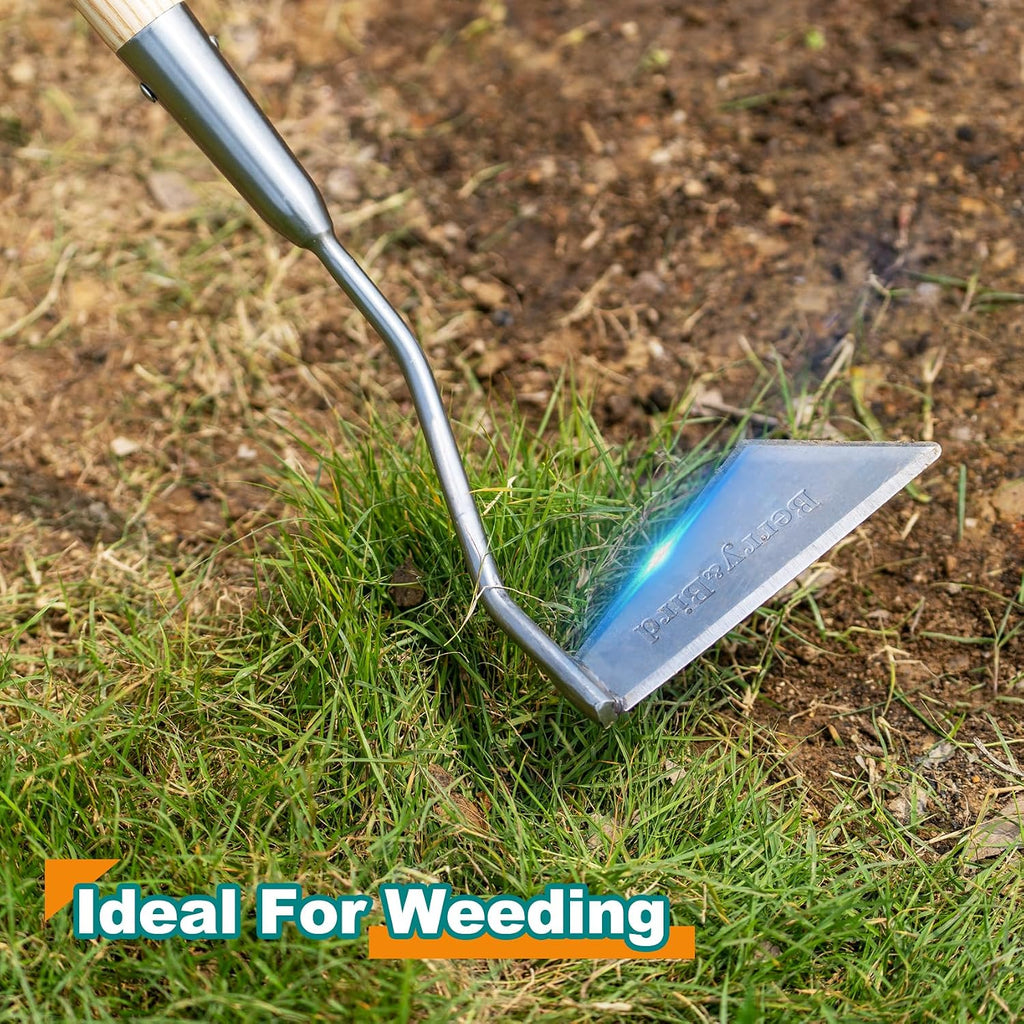 Berry&Bird Swoe Garden Hoe, 61.8'' Stainless Steel Long Handled 3 Edge Hoe with Wooden Hand, Mini Angled/Warren Hoe