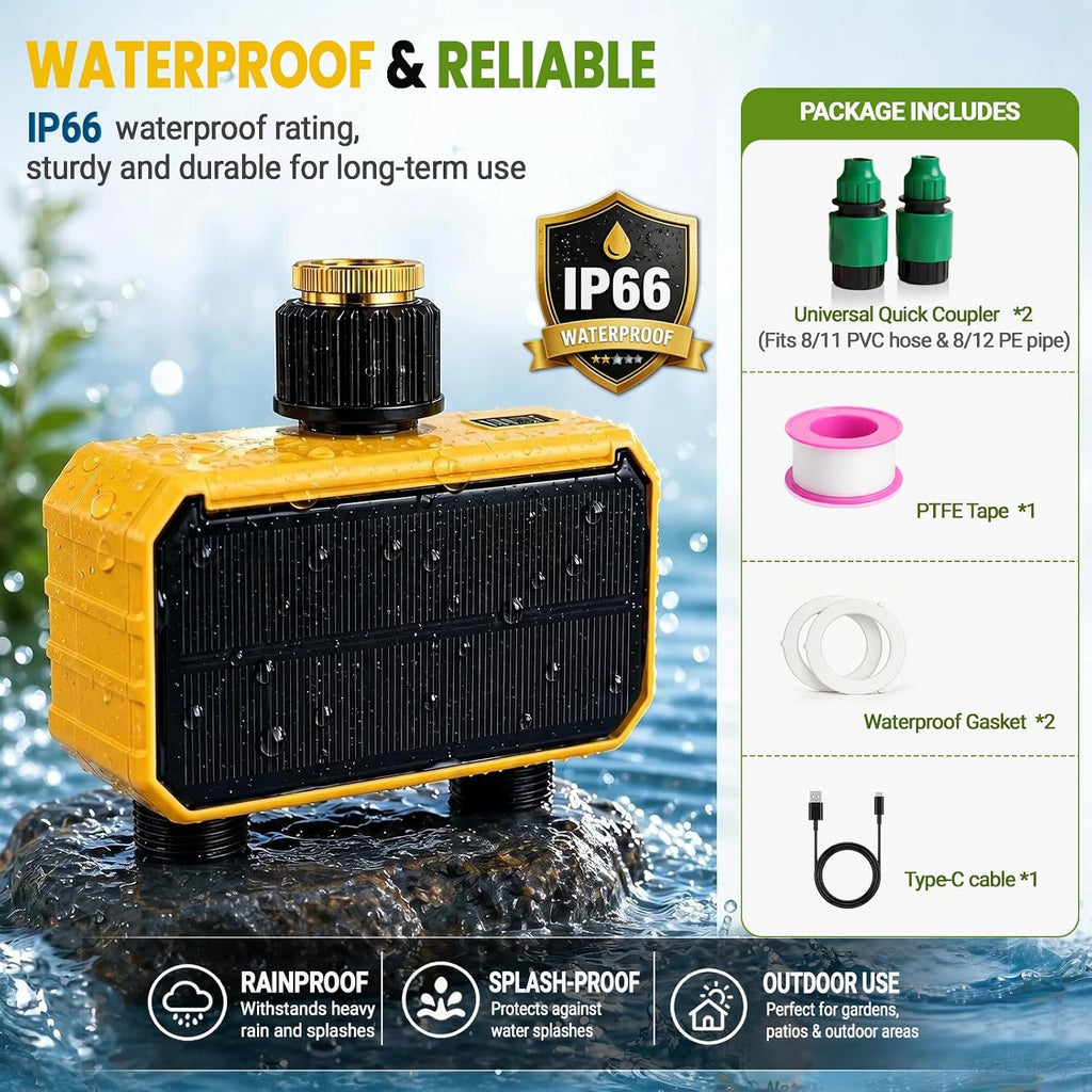 Sprinkler Timer, Solar WiFi Water Timer for Garden Hose, 2 Zone Water Sprinkler with Rain Sensor and Manual Mode via