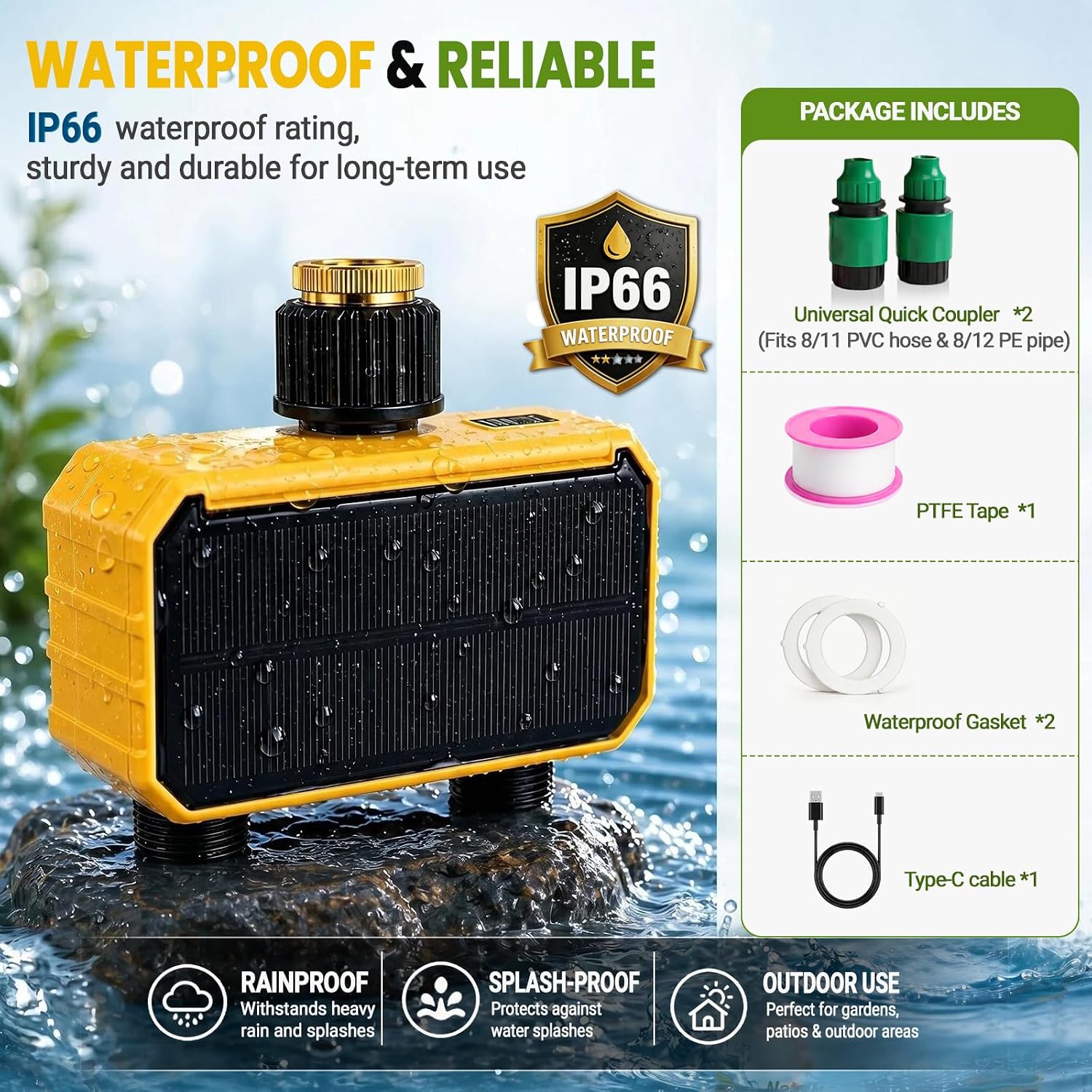 Sprinkler Timer, Solar WiFi Water Timer for Garden Hose, 2 Zone Water Sprinkler with Rain Sensor and Manual Mode via