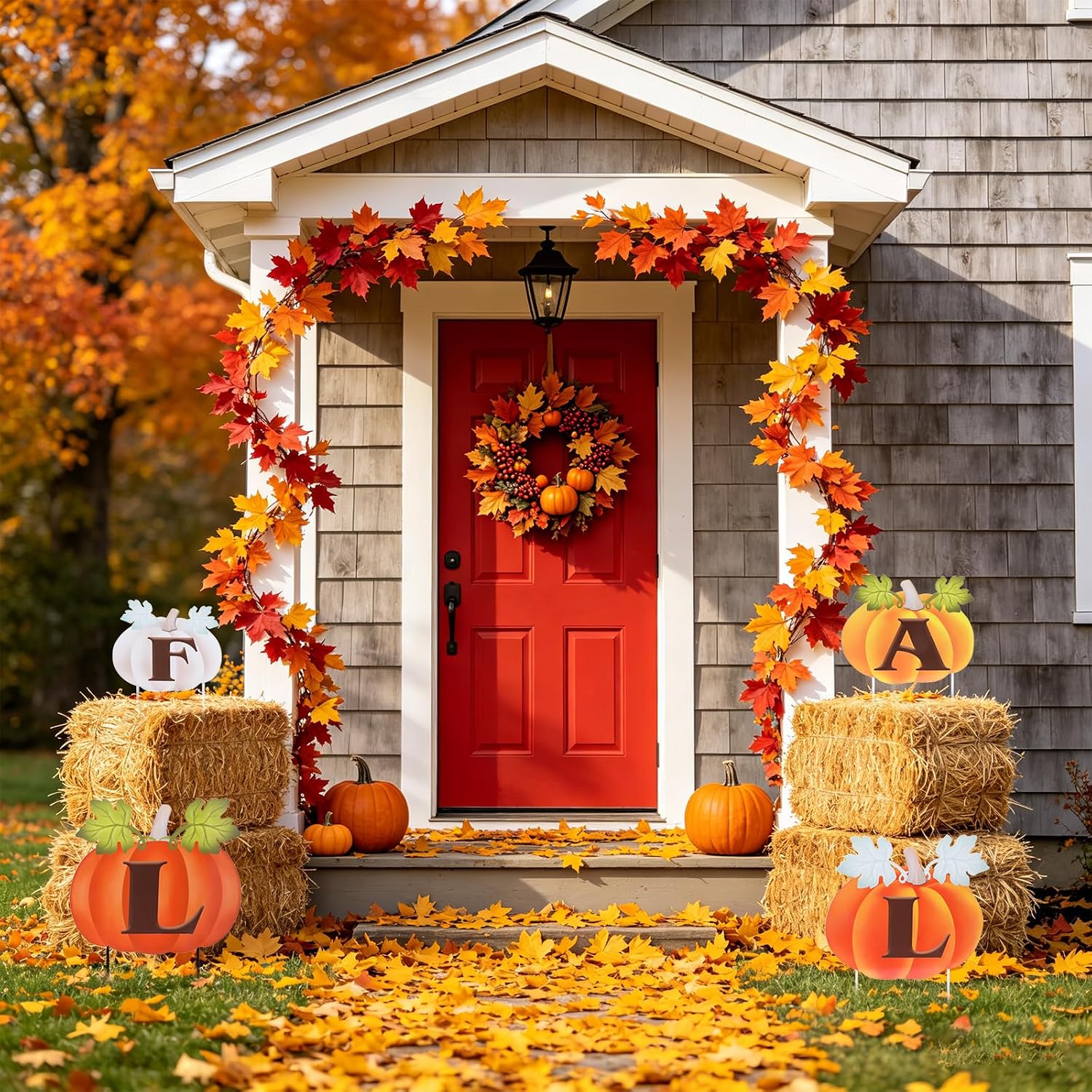 Fall Outdoor Pumpkin Stake Set of 4, Thanksgiving Garden Decor | 35.6'' Metal Garden Stakes, Autumn Harvest Pumpkin