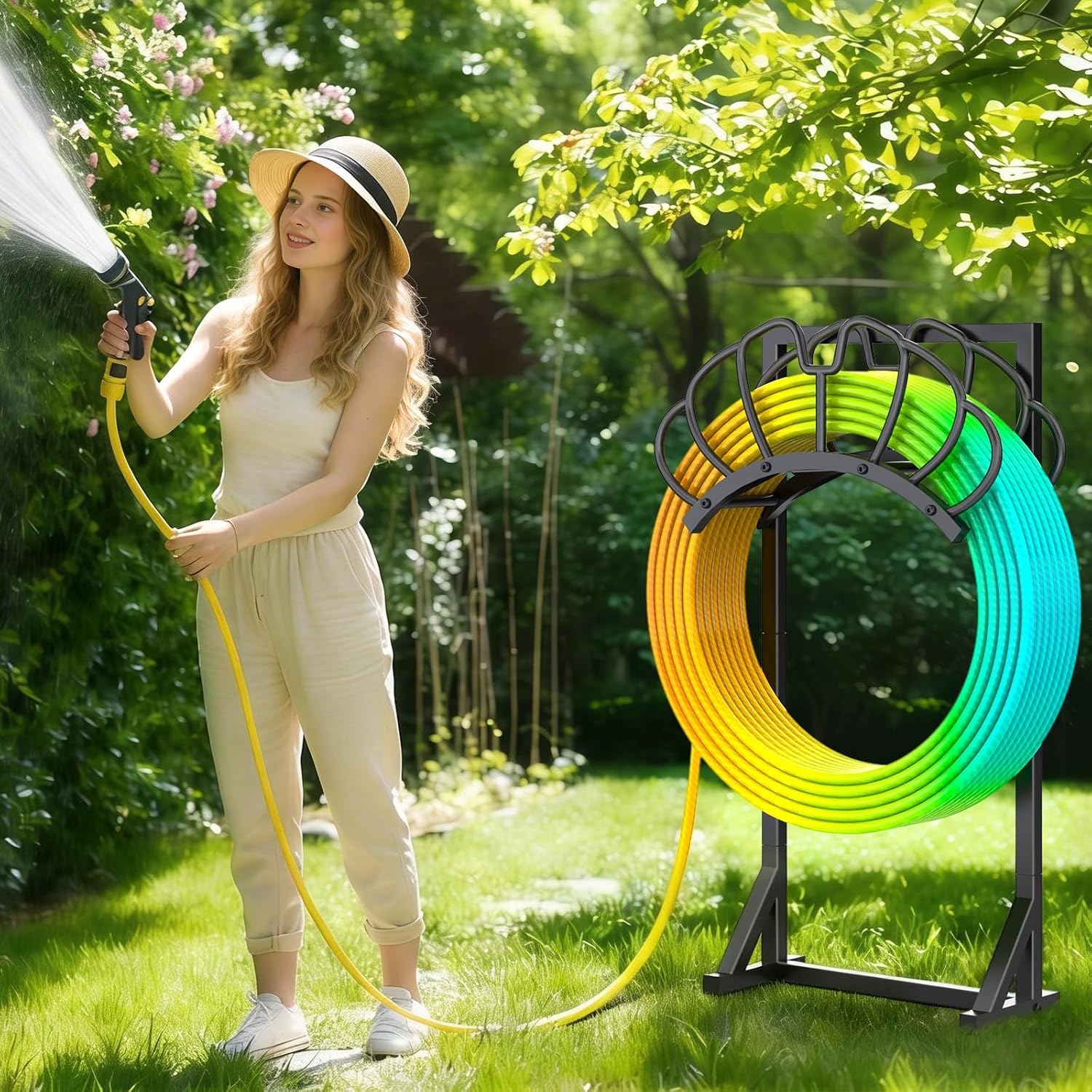 Garden Water Hose Holder for Outside Hose Stand Hanger Rack Freestanding | Holds 160-Feet Hose, Stable Detachable, for