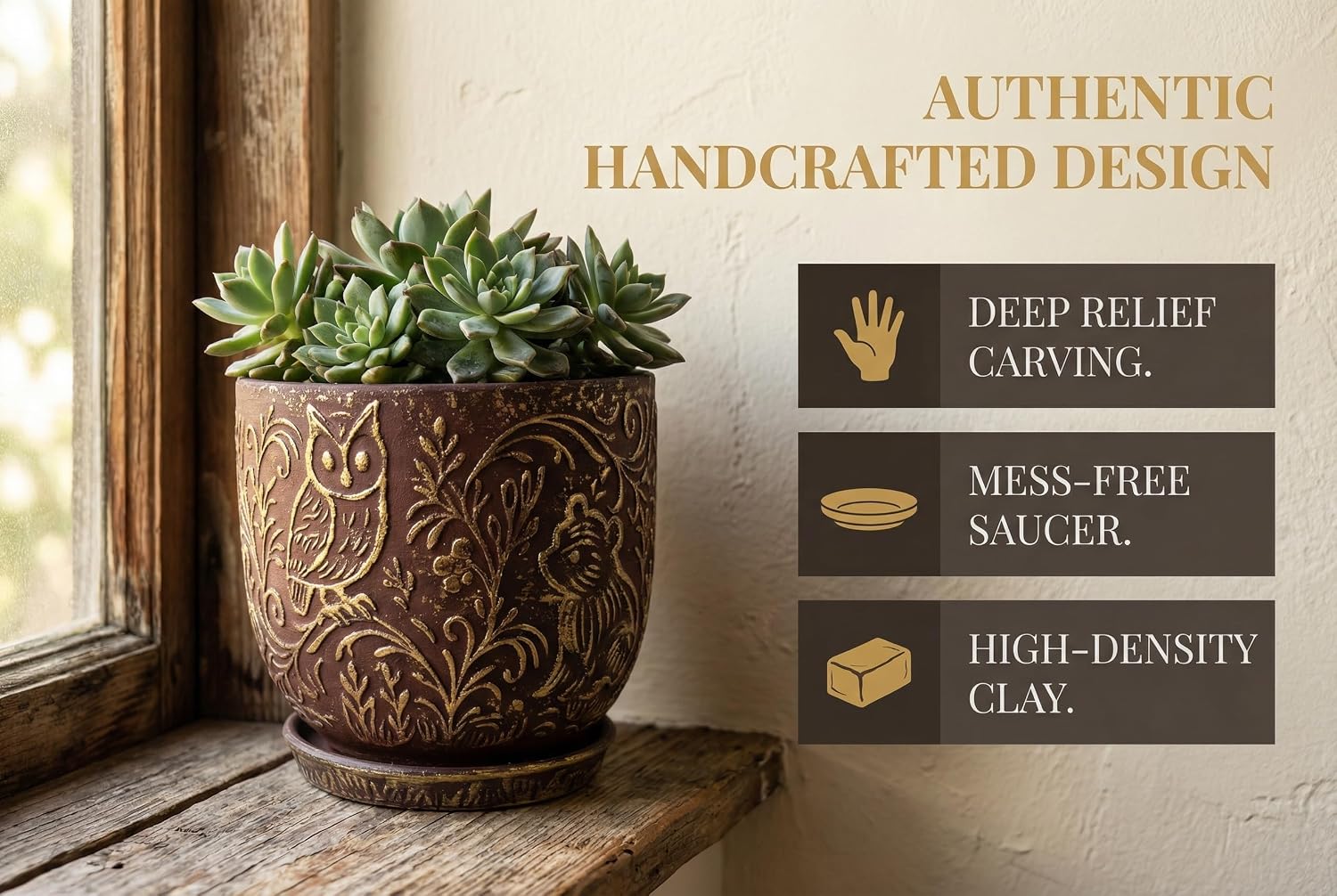 Decorative Ceramic Planter Pot with Saucer, Brown with Gold and Silver Owl Pattern, Indoor Garden Container with