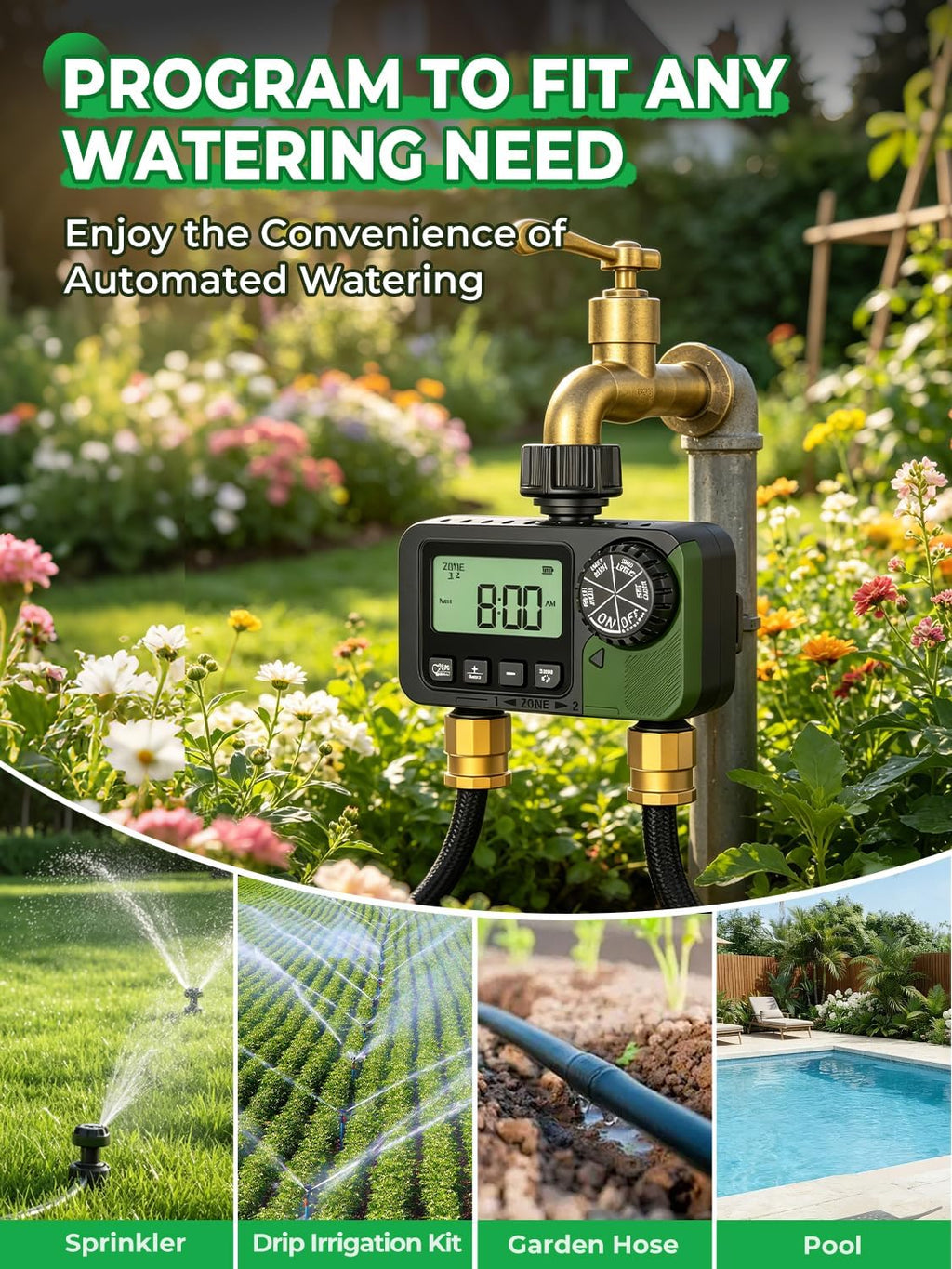 Sprinkler Timer 2 Outlets, Programmable Water Hose Timer with Rain Delay/Manual/Automatic Watering System, Outdoor