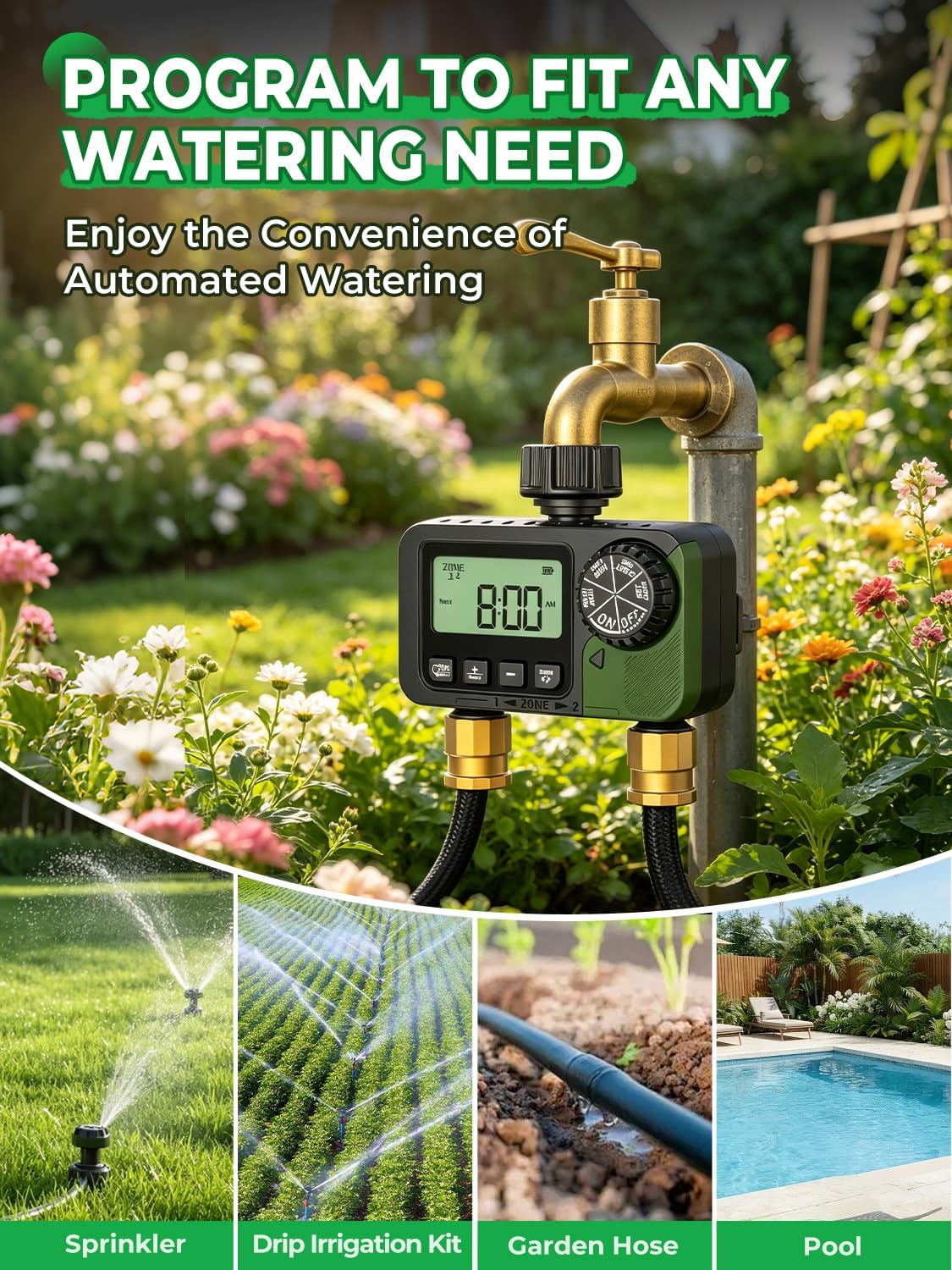 Sprinkler Timer 2 Outlets, Programmable Water Hose Timer with Rain Delay/Manual/Automatic Watering System, Outdoor