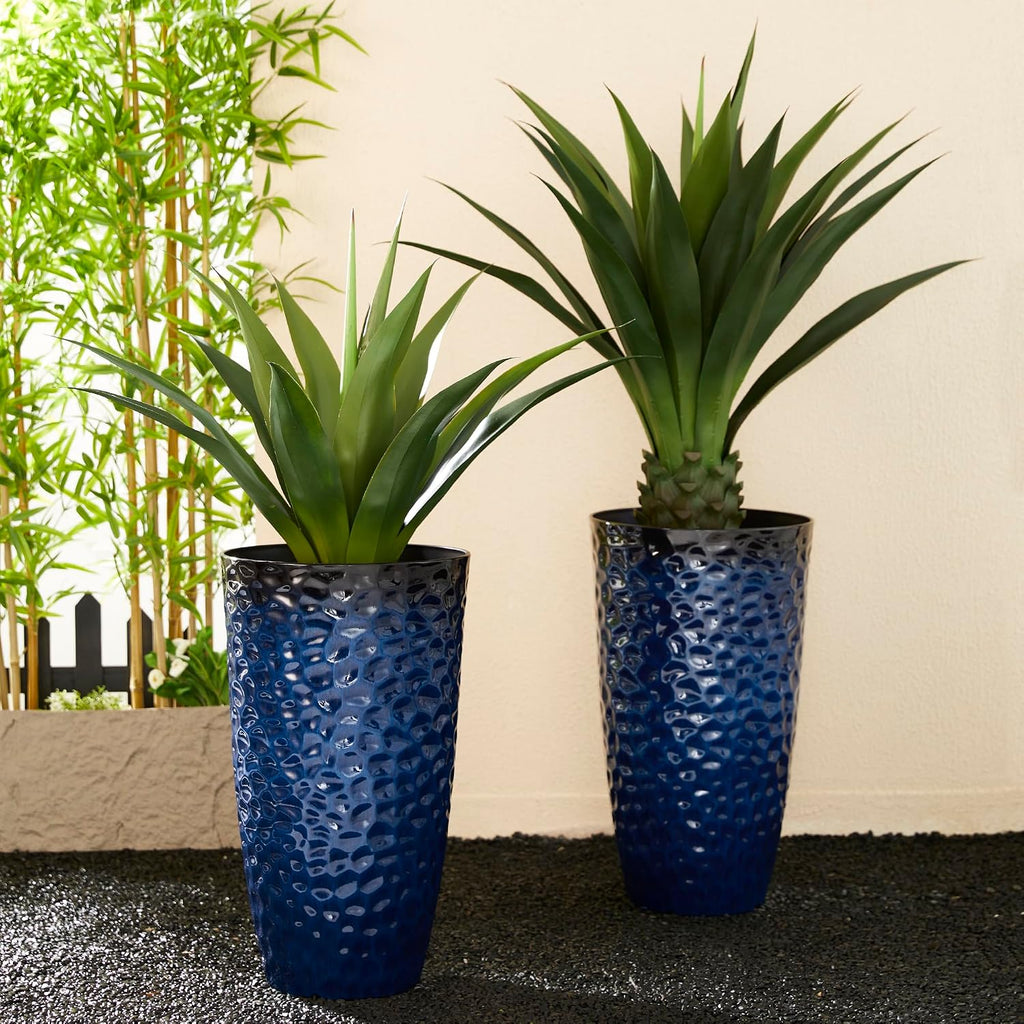 Glitzhome 23.75" H Oversized Tall Planter,Modern Set of 2 Honeycomb Textured Gradient Cobalt Blue Round Garden Plant