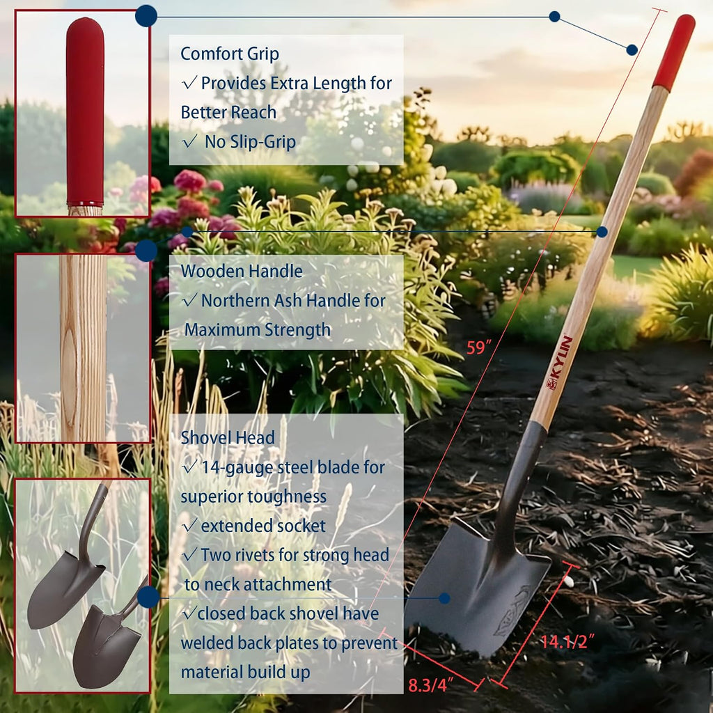 KYLIN 6-Piece Pro Long Ash Handle Garden Tools Set for Landscaping Agricture or Backyard,14-Gauge Shovels,Forged
