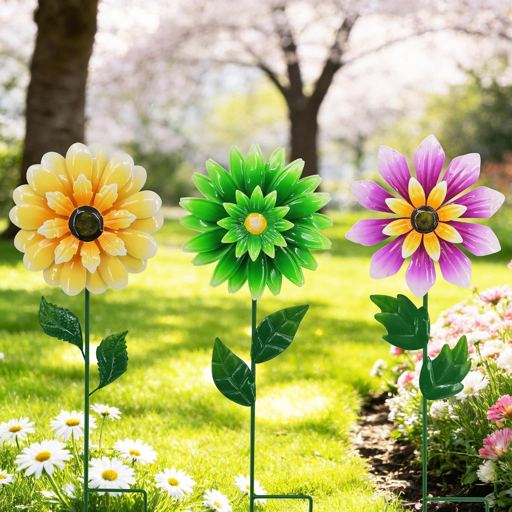 3 Pack Metal Flower Wind Spinner 18in Garden Stake Kinetic Yard Art | Retro Floral Design、Weather Resistant、Spring