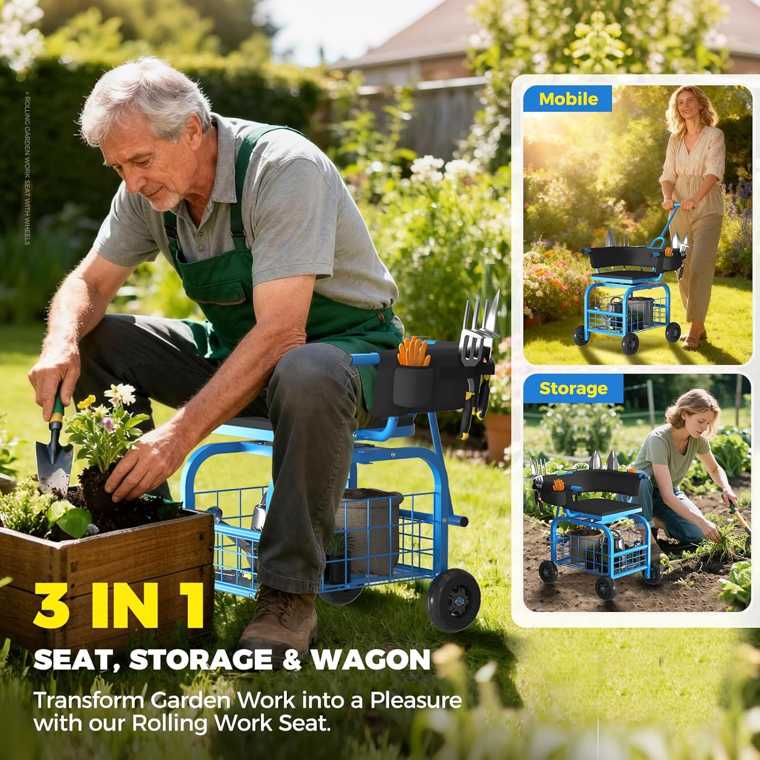 Suntee Garden Seat with Wheels, Rolling Gardening Stool with 360° Swivel Seat & Backrest,Tool Storage Basket & Back