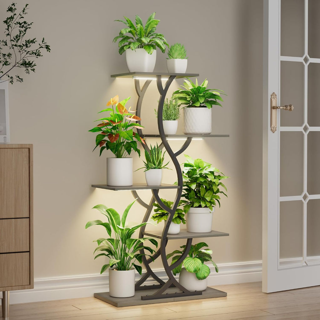 Plant Stand Indoor with Grow Lights - 5 Tiered Corner Plant Shelves (Gray) | 44" Tall Metal Plant Shelf, S-Shape