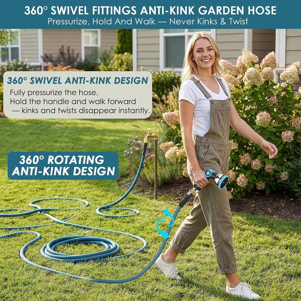 50ft Non-Expanding Garden Hose with 360° Swivel & Valve, Blue | Lightweight, Anti-Kink, Flexible & Leakproof Design