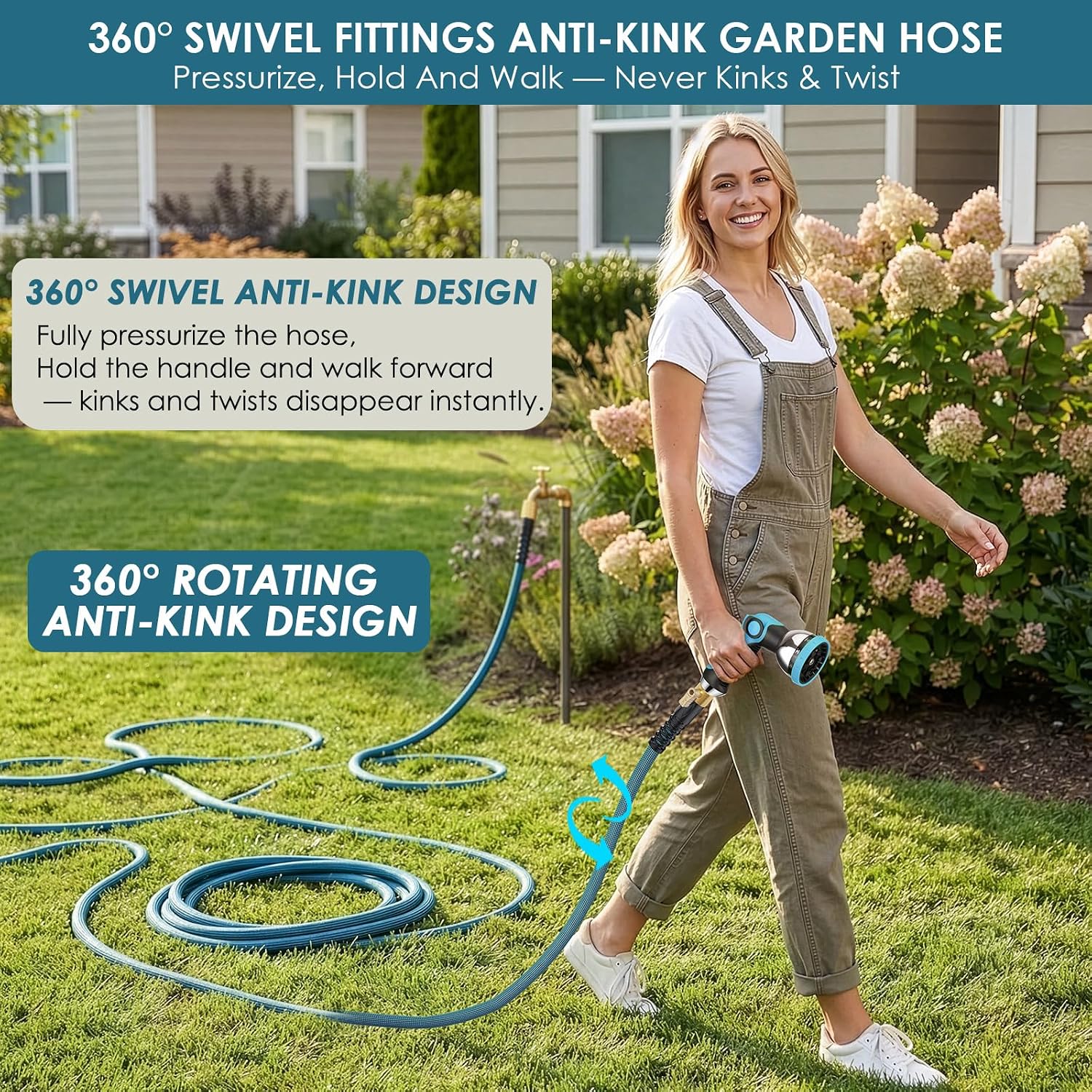 50ft Non-Expanding Garden Hose with 360° Swivel & Valve, Blue | Lightweight, Anti-Kink, Flexible & Leakproof Design