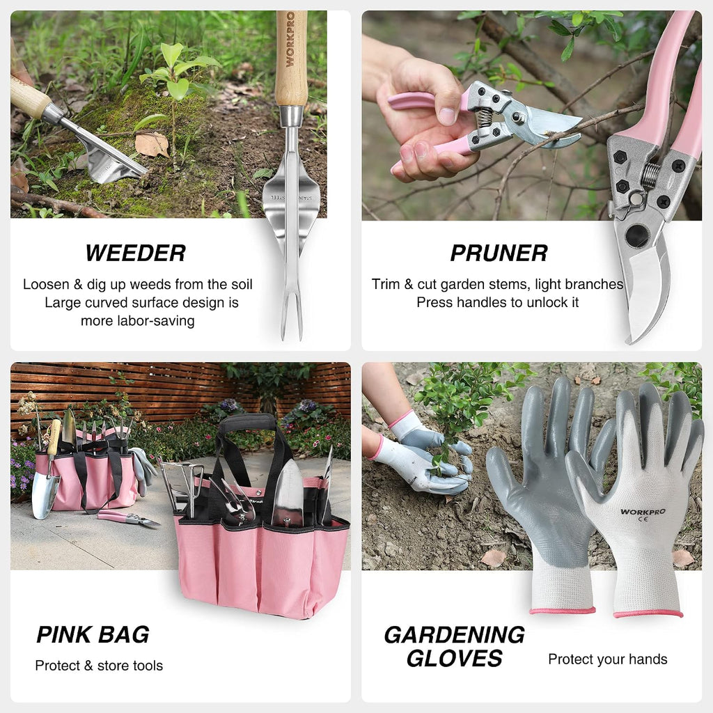 WORKPRO 8-Piece Pink Garden Tool Set - Pink | Stainless Steel, Wood Handle, Including Garden Tote, Gloves, Trowel, Hand