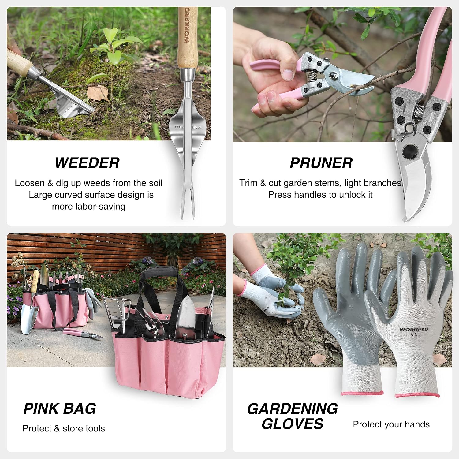 WORKPRO 8-Piece Pink Garden Tool Set - Pink | Stainless Steel, Wood Handle, Including Garden Tote, Gloves, Trowel, Hand