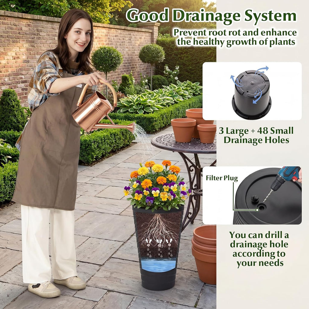 GIANTEX 18" Tall Flower Pot Set 2, Modern Decorative Planter Pots, Black | Insert Bucket, Handle, Drainage Holes, Round