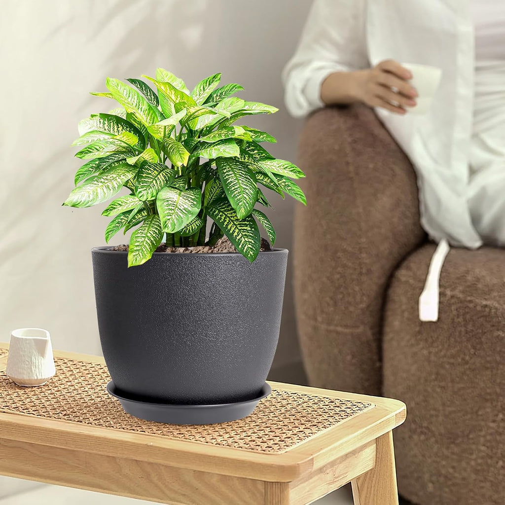 WSMKSZ 10/9/8 inch Medium Plant Pots, 3 Pack Modern Decorative Plastic Planters with Drainage Holes and Saucers, Flower