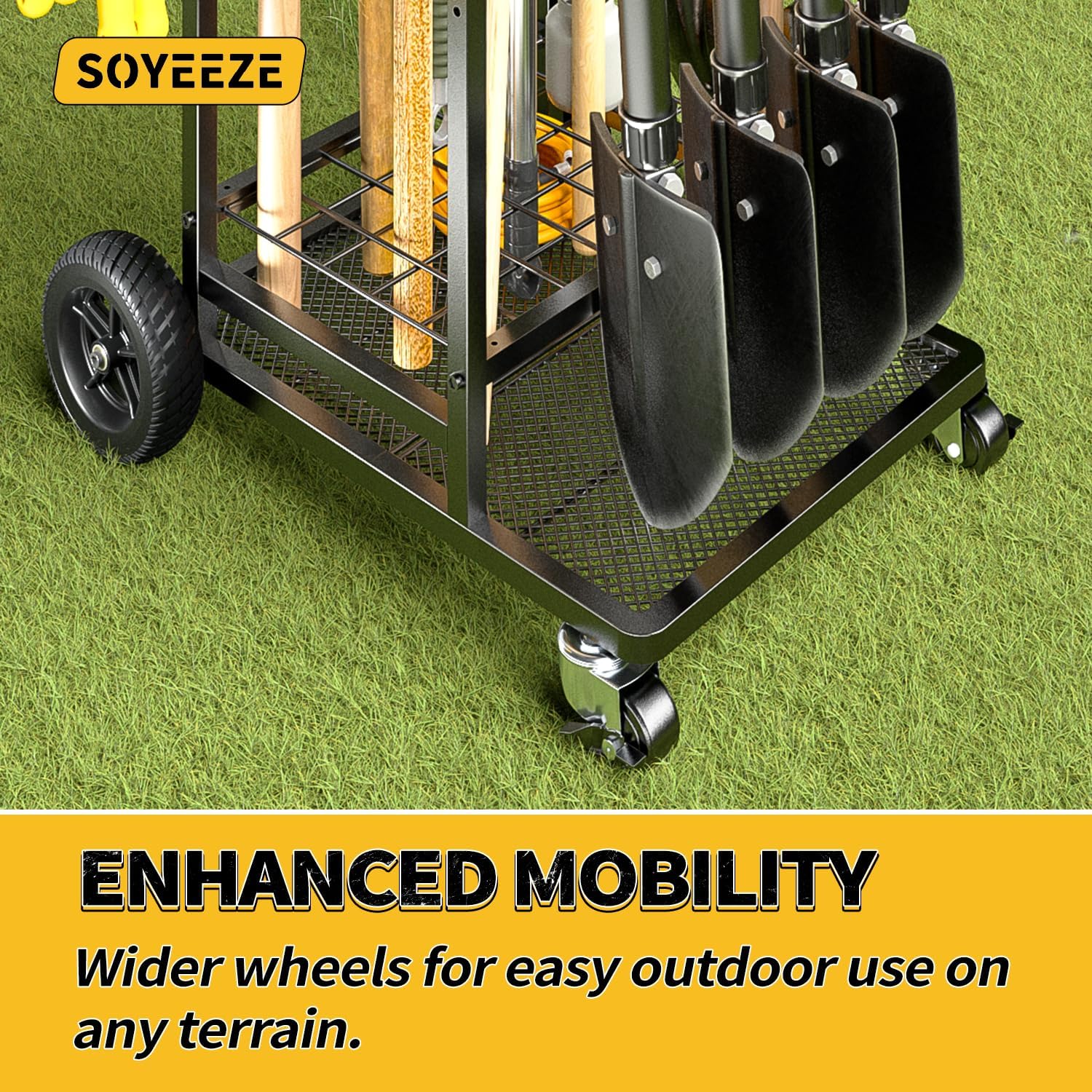 SOYEEZE Garden Tool Organizer with Large Wheels, Heavy Duty 3-Tier Yard Tower Tool Rack for Garage, Holds Up to 35