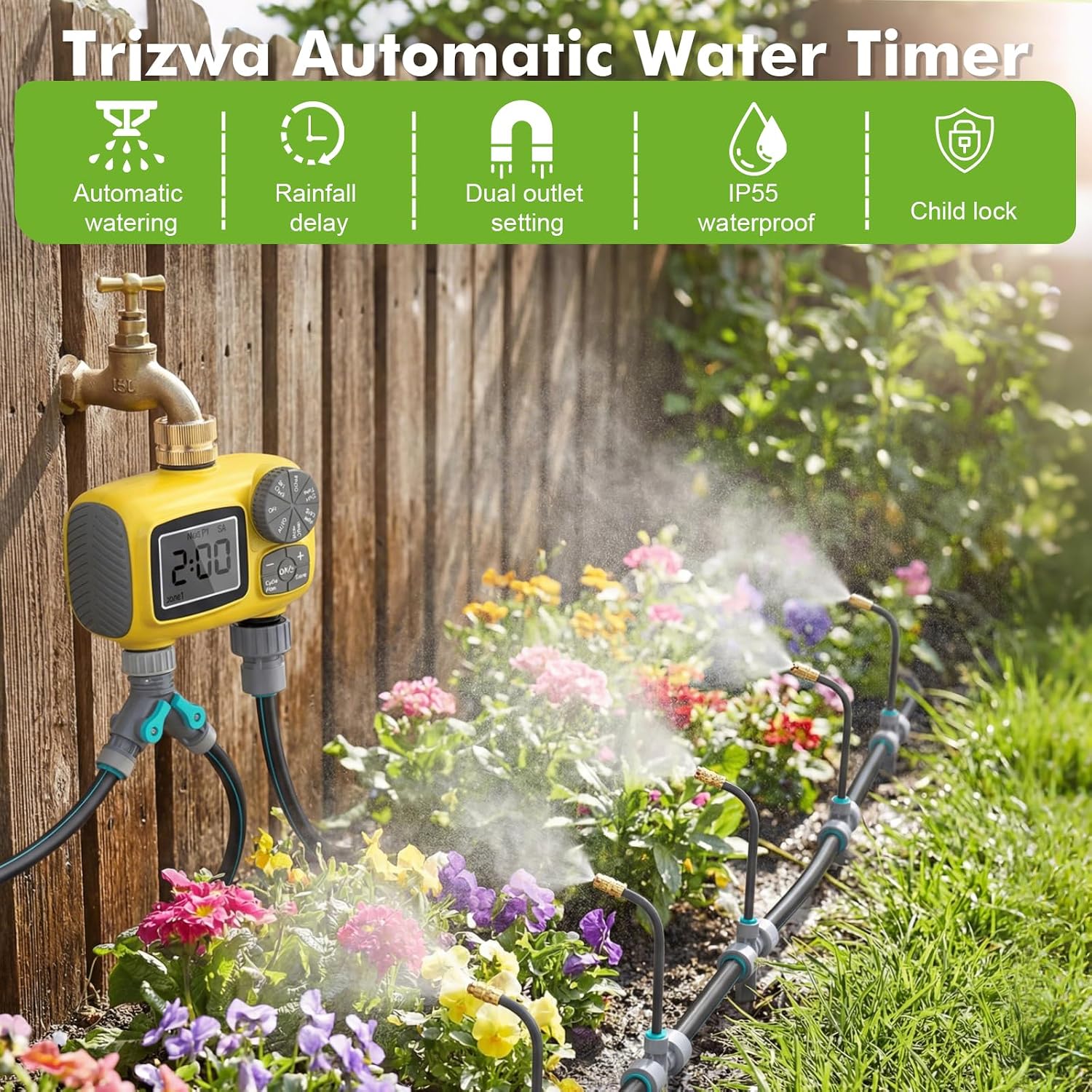 172FT Drip Irrigation System Kit with 2 Zone Water Timer for Garden | 1/2" High-Flow Mainline Auto Watering, 26pcs 360°