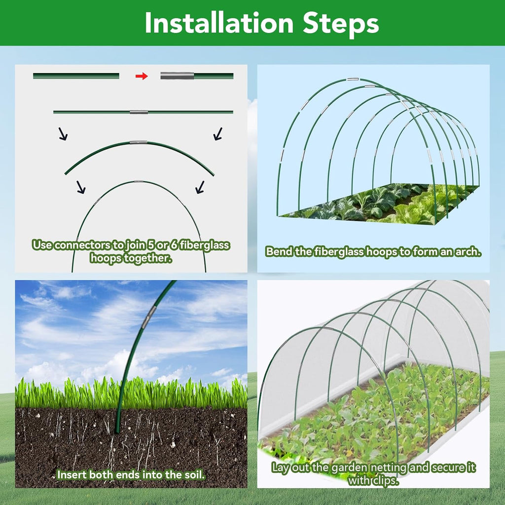 Garden Mesh Netting Kit for Raised Beds, 10x30FT Green Garden Netting ＆6 Sets Fiberglass Garden Hoops, Row Cover Garden