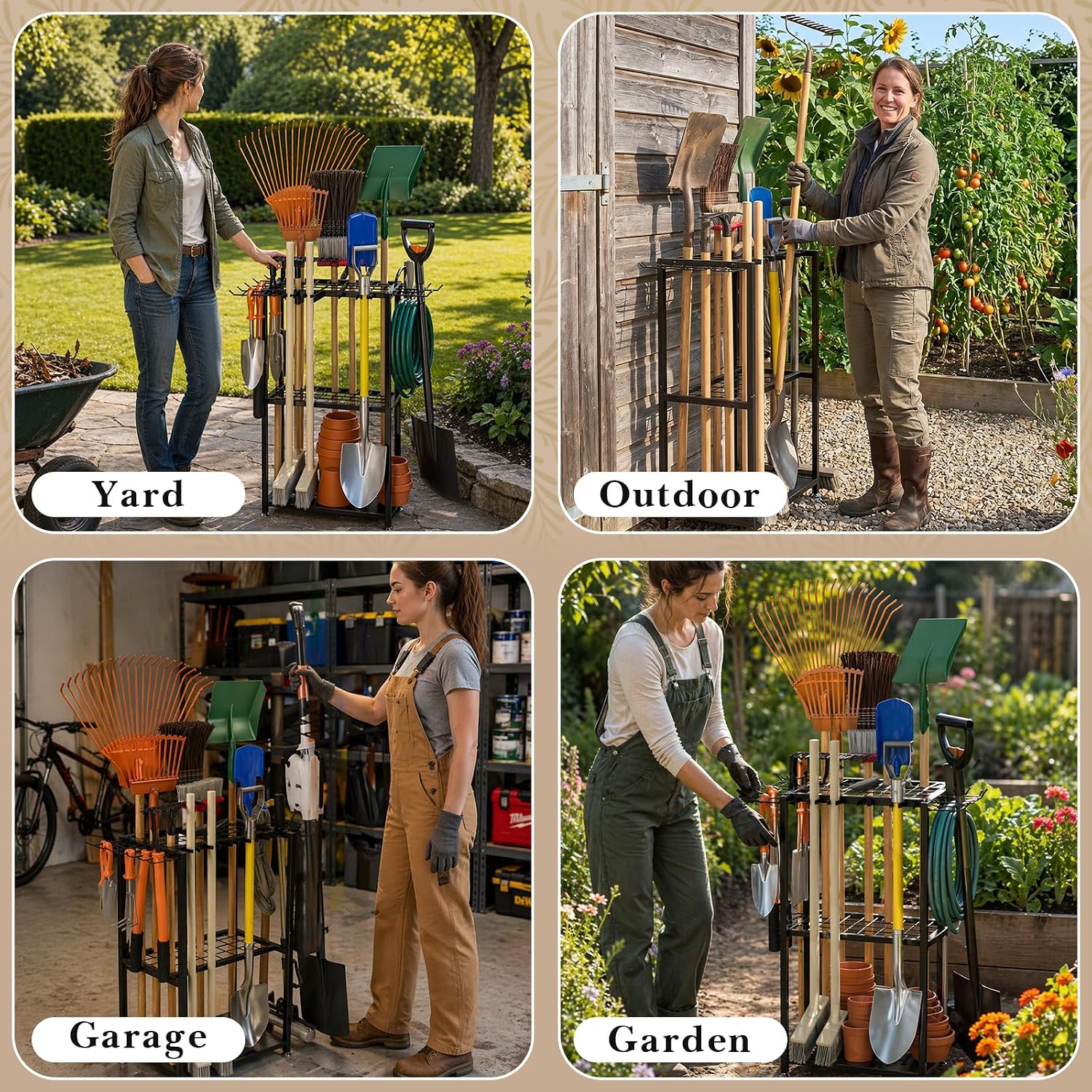 Faesun Garden Tool Organizer, 3-Tier Metal Yard Tool Rack with 14 Hooks & 5 Slots, Holds 50+ Rakes/Shovels/Brooms
