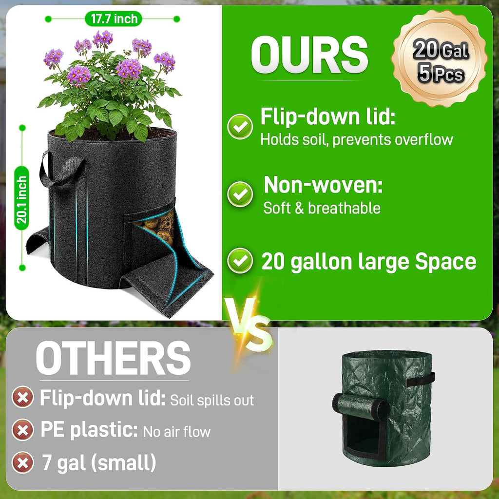 Mulctun 5Pcs 20 Gallon Potato Grow Bags, Grow Bags with Harvest & Visible Windows,Potato Bags for Growing Potatoes with