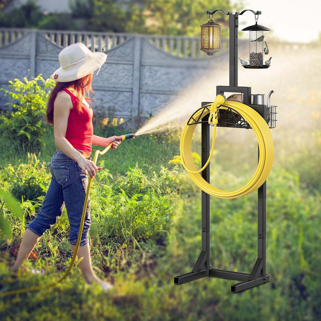 Garden Hose Holder, Water Hose Holders for Outside with Storage Basket & 2 Shepherds Hooks, Detachable Garden Hose