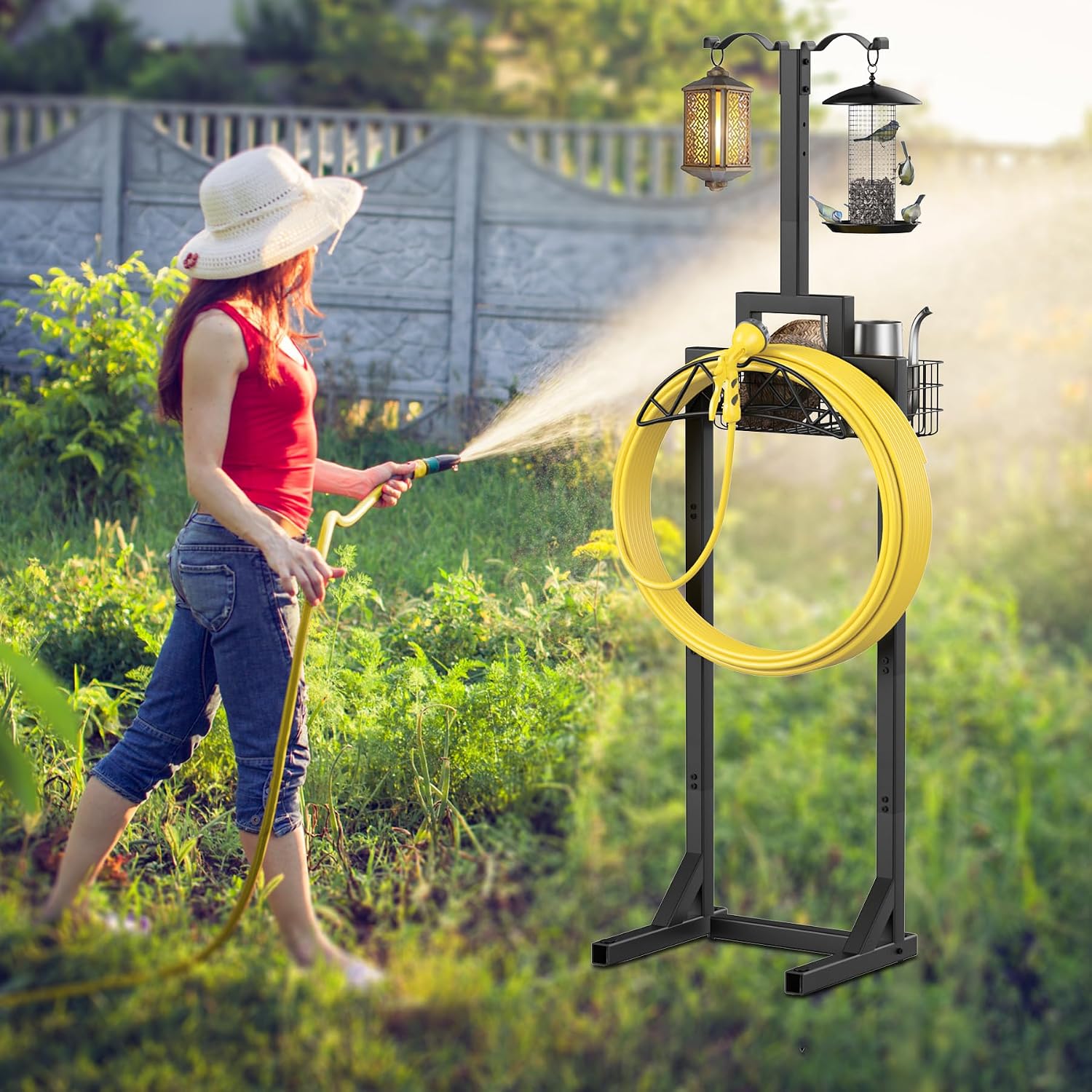 Garden Hose Holder, Water Hose Holders for Outside with Storage Basket & 2 Shepherds Hooks, Detachable Garden Hose