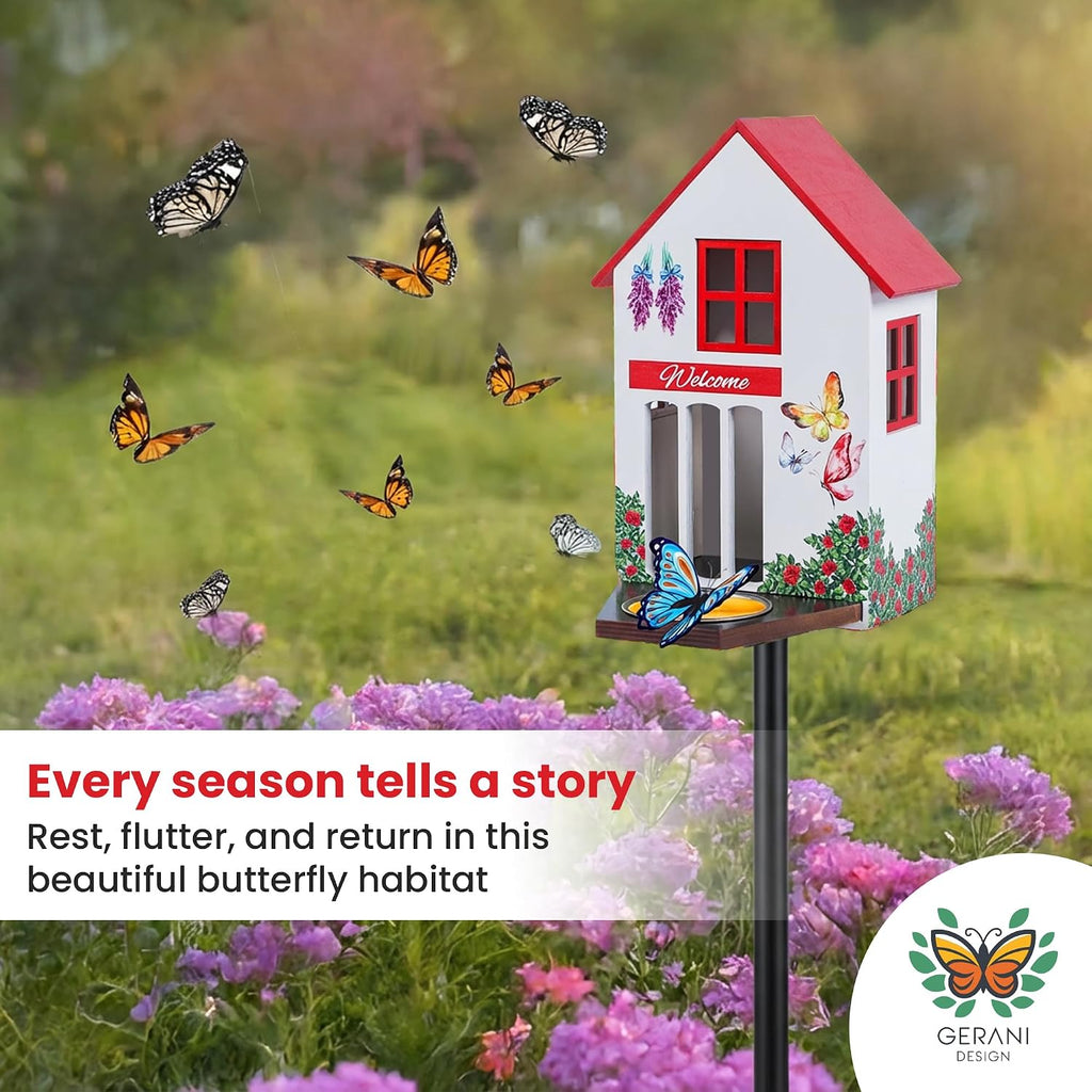 Butterfly House and Feeder for Outside - Wooden Butterfly Shelter with Metal Stake for Garden - 3 Mount Options