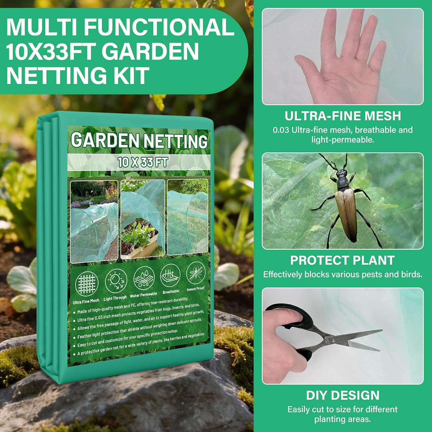 Garden Mesh Netting Kit for Raised Beds, 10x33FT Ultra Fine Mesh Netting& 6 Sets 8FT Fiberglass Garden Hoops, Insect