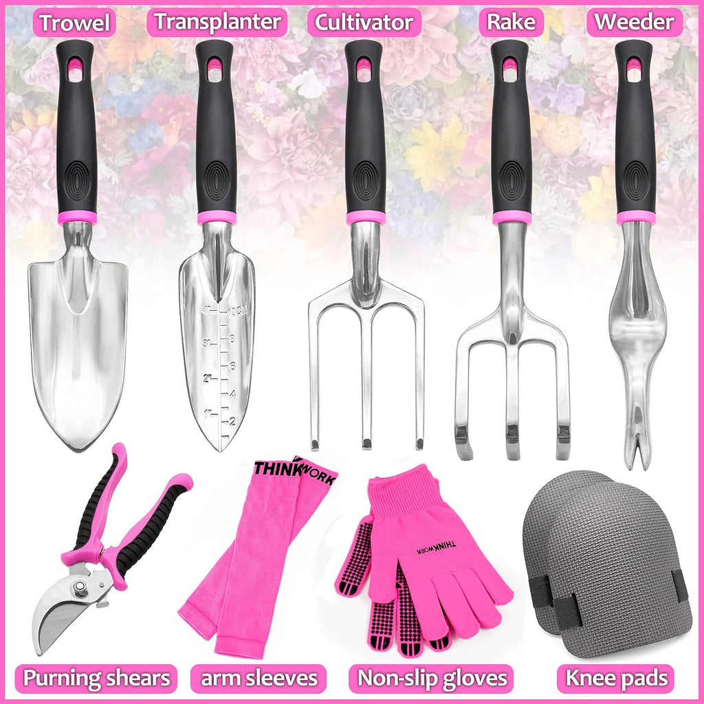 THINKWORK Pink Garden Tools, Gardening Gifts for Women, with 2 in 1 Detachable Storage Bag, Trowel, Transplanter, Rake